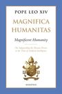 Oben steht "Pope Leo XIV." Darunter "Magnifica Humanitas" und "Magnificent Humanity". Unten ein Wappen, dann "Ignatius".