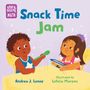 Cover von "Snack Time Jam" mit zwei fröhlichen Kindern. Ein Kind hält einen grünen Löffel, das andere einen Behälter.