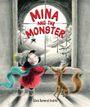 "Mina and the Monster" steht in roten Buchstaben. Ein Kind und ein Hund schauen aus einem Fenster auf eine verschneite Landschaft.