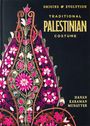 Text in Gold: "ORIGINS & EVOLUTION", "TRADITIONAL PALESTINIAN COSTUME". Bunte, florale Stickmuster auf dunklem Hintergrund.