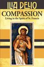 "COMPASSION. Living in the Spirit of St. Francis." Illustration: St. Francis umarmt einen kranken Mann, warmes Farbschema.