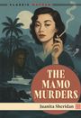 "The Mamo Murders" von Juanita Sheridan. Eine Frau raucht, im Hintergrund Palme, Boot und Mond bei Nacht. Vintage-Stil.