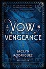 „A Vow in Vengeance“ von Jaclyn Rodriguez. Gestaltung in Blau und Gold, mit Tarot- und Schicksalssymbolen.