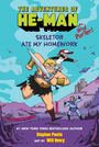 "The Adventures of He-Man and Porter: Skeletor Ate My Homework" zeigt He-Man mit Schwert, Porter auf seinem Rücken, Skeletor im Hintergrund.