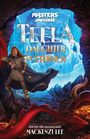 "TEELA: DAUGHTER OF ETERNOS" über blauem Eis. Eine Frau in einem Umhang hält einen Speer, umgeben von einer Höhle und Gold.