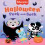 "Fisher-Price Halloween Peek-and-Seek. A surprise under every flap." Fröhliche Tiere verkleidet: ein Vampir, Skelett, Fee.