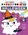 "MY FIRST PAINTING BOOK HALLOWEEN. Easy-to-Use 6-Color Palette on Each Page. Mess-Free. Fast-Drying. Reusable Palettes." Fröhlicher Geist mit Hexenhut.