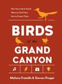 „How They Look & Sound, Where to Find Them, How to Protect Them. BIRDS of the GRAND CANYON. Melissa Fratello & Steven Prager.“ Oben und unten sind Vogelsilhouetten.