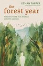 "the forest year" von Ethan Tapper. Wasserfarb-Illustration eines Waldes mit einem Menschen im Vordergrund.