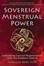 "Sovereign Menstrual Power" in großer Schrift, umgeben von einem dunkelroten Hintergrund mit einem stilisierten Spiralmuster.
