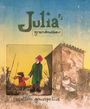 "Julia’s grandmother", "Staffan Gnosspelius". Eine Zeichnung von einem Kind und einer älteren Frau vor einer Hütte.