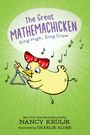 "The Great Mathemachicken: Sing High, Sing Crow" steht in lila Text. Ein gelbes Huhn spielt ein Triangel, umgeben von Noten.
