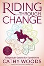 "RIDING THROUGH CHANGE" in großen Buchstaben, darunter Silhouette eines Reiters vor buntem Mandala-Hintergrund.