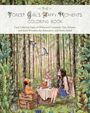 „The Forest Girl's Happy Moments Coloring Book“. Illustration: Mädchen und Hund an einem Tisch im Wald mit Vögeln und Blumen.