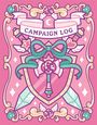 „Campaign Log“ steht auf einem Banner. Illustration: rosa Hintergrund, Schild mit grüner Schleife, Schwertern und Flügeln.