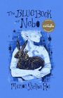 "The Blue Book of Nebo" von Manon Steffan Ros. Illustration: Person mit Hase und Sternen in Blau. Goldener Sticker.