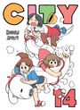 „CITY 14“ steht in großen Buchstaben. Keiichi Arawi. Drei fröhliche Charaktere auf einem lächelnden, weißen Wesen.