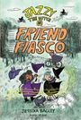 "Jazzy the Witch in Friend Fiasco" von Jessixa Bagley. Zwei Hexen auf Fahrrädern, grünes Wald-Setting, ein lila Fledermaus.