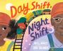 "Day Shift, Night Shift" in farbenfroher Schrift. Bunte Zugstrecke mit zwei Personen und strahlender Sonne im Hintergrund.