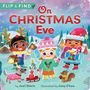 Texte: "FLIP & FIND", "On CHRISTMAS Eve", "by Joel Stern", "illustrated by Joey Chou". Drei fröhliche Kinder im Schnee.