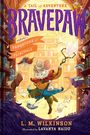 Titel: Bravepaw und der Fangstone von Flintfall. Maus mit Stab in einer Bibliothek voller Bücher, Wind weht Blätter weg.