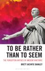„TO BE RATHER THAN TO SEEM“, Statue eines Mannes vor buntem, wolkigem Hintergrund in Rot und Gelb.