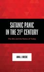 Buchtitel: „Satanic Panic in the 21st Century.“ Autor: Anna J. Brecke. Hintergrund in Rottönen mit geometrischen Mustern.