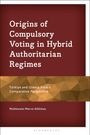 „Origins of Compulsory Voting in Hybrid Authoritarian Regimes“ in weiß. Roter Hintergrund mit goldenem Streifen.