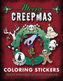Text: "Merry Creepmas", "Coloring Stickers", "Creepy Christmas Stickers to Color". 

Illustration: Ein gruseliger Kranz mit Skeletten, Totenköpfen und unheimlichen Weihnachtsmotiven in festlichem Rot und Grün.
