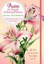 Text: "Psalms 18-Month Coloring Planner", "July 2027—December 2028", "Be still, and know that I am God. Psalm 46:10".  

Illustration: Rosa Lilien auf grünem Stiel vor einem blassrosa Hintergrund.