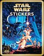 "STAR WARS STICKERS" in goldener Schrift. Illustration von Figuren mit einem Lichtschwert und Weltraumhintergrund.
