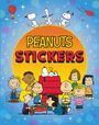 Text: "PEANUTS STICKERS". Illustration mit Snoopy auf einer Hütte, umgeben von fröhlichen Kindern.