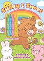"Sunny & Sweet", "Includes 50+ Stickers", "Coloring & Activity Book". Fröhliche Tiere, Regenbogen, Sonne und Buntstifte.