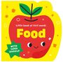 „Little book of first words: Food“. Illustration eines lächelnden Apfels mit grünen Blättern auf gelbem Hintergrund.