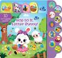 „Hop to It, Easter Bunny! 10 Springtime Sounds.“ Illustration mit Osterhase, Lamm und Küken in einer bunten Frühlingslandschaft.