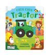 "Chug Chug Tractor" und "a squishy sound book". Illustration: grüner Traktor, Mädchen, Tiere, hügelige Landschaft.
