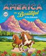 „America the Beautiful Coloring“ und „Celebrating 250 Years“. Illustration: Zwei Pferde vor Bergen, See, Bäumen und bunten Blumen.