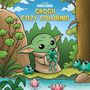 Text: "Grogu Cozy Coloring." Illustration eines grünen Wesens mit großen Ohren, das einen Frosch hält, umgeben von Natur und Fröschen.