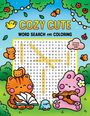 "COZY CUTE", "WORD SEARCH AND COLORING". Ein Suchrätsel umgeben von niedlichen, cartoonartigen Tieren mit Instrumenten.