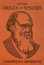 "ON THE ORIGIN OF SPECIES" und "CHARLES DARWIN". Illustration von Darwins Gesicht, geformt aus Wörtern. Hintergrund: orange.