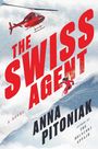 THE SWISS AGENT. A Novel. ANNA PITONIAK. Ein roter Hubschrauber fliegt über einem Skifahrer in einer Schneelandschaft.