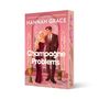 Text: "Cover to be revealed", "Hannah Grace", "Champagne Problems", "Atria Books". Roter Hintergrund, schlichtes Design, Logo.