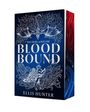 „You Duel or You Die. Blood Bound. Ellis Hunter.“ Blauer Hintergrund, kunstvolle weiße Drachenzeichnung.