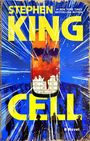 Text: "Stephen King, CELL, #1 New York Times Bestselling Author, A Novel." Handy mit Schädelmotiv auf blauem Hintergrund.
