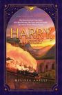 "Harry, A History" von Melissa Anelli. Dampflok auf Viadukt bei Sonnenuntergang, umrahmt von Sternen und Sonne.