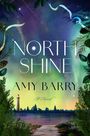 "North Shine" und "Amy Barry" in großen Buchstaben, "A Novel" darunter. Illustration eines Leuchtturms im Polarlicht.
