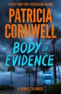 Text: "PATRICIA CORNWELL BODY OF EVIDENCE A SCARPETTA NOVEL" auf stürmischem, bewölktem Hintergrund mit Palmen.