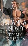 "Johanna Lindsey, Stormy Persuasion, A Malory Novel, #1 New York Times Bestselling Author." Illustration eines Paares im Sturm.