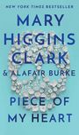 Texte: "NEW YORK TIMES BESTSELLER", "MARY HIGGINS CLARK & ALAFAIR BURKE", "PIECE OF MY HEART". Weißer Blumenkranz auf türkisfarbenem Hintergrund.