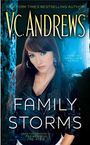 "V.C. Andrews, Family Storms, First in an all-new series, From the creator of Flowers in the Attic." Frau in schwarzer Jacke.